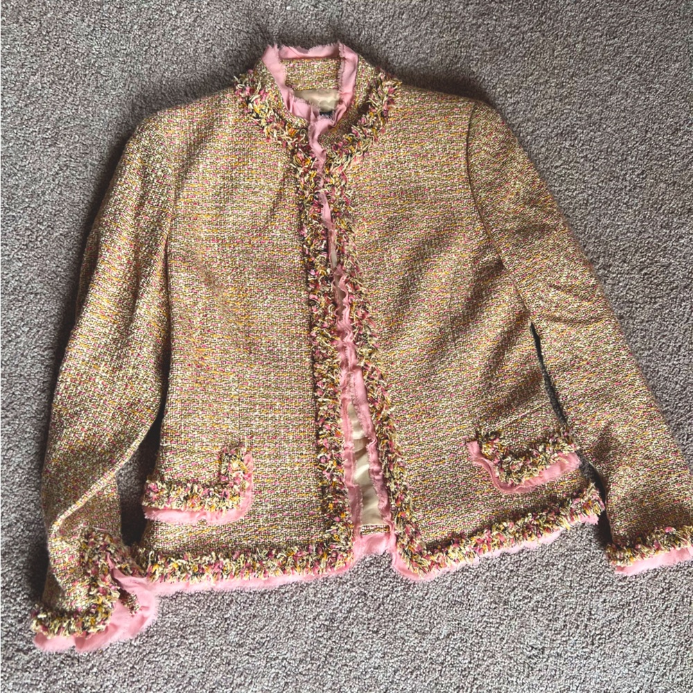 Dana Buchman Petite tweed gold pink ruffled blazer evening classic luxury sz 6